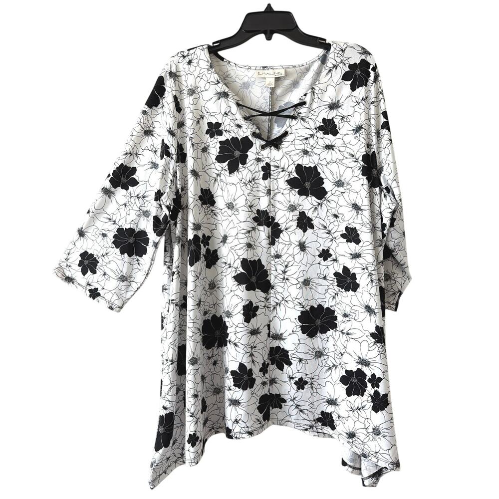 EMALINE Black & White Floral Tunic Top Asymmetric Hem Jersey Knit Womens Sz 2X